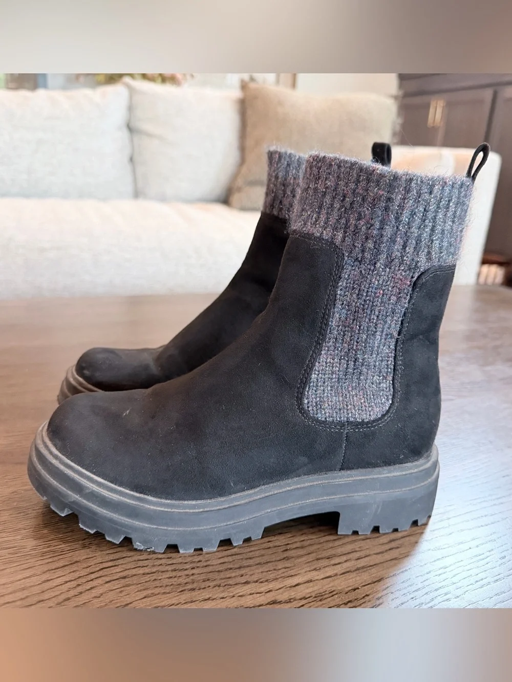 Kids Size 2 Black Suede Ankle Boots with Knit Cuff